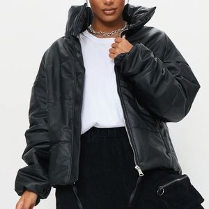 PLT Black Faux Leather High Collar Drop Arm Oversized Puffer Jacket